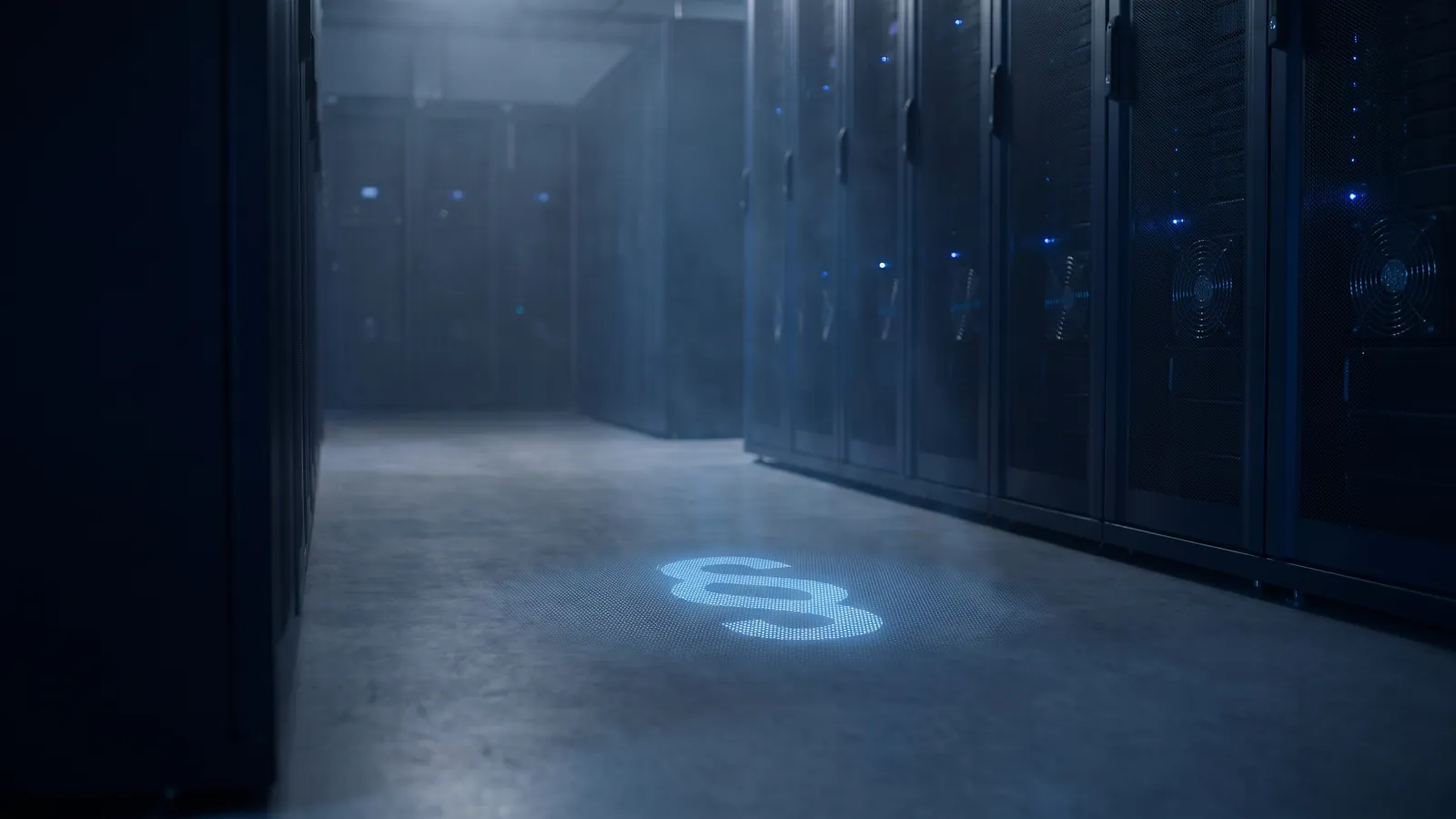 Gang im Rechenzentrum zwischen Server-Racks, auf dem Boden ein Paragrafenzeichen aus blauen Lichtpunkten