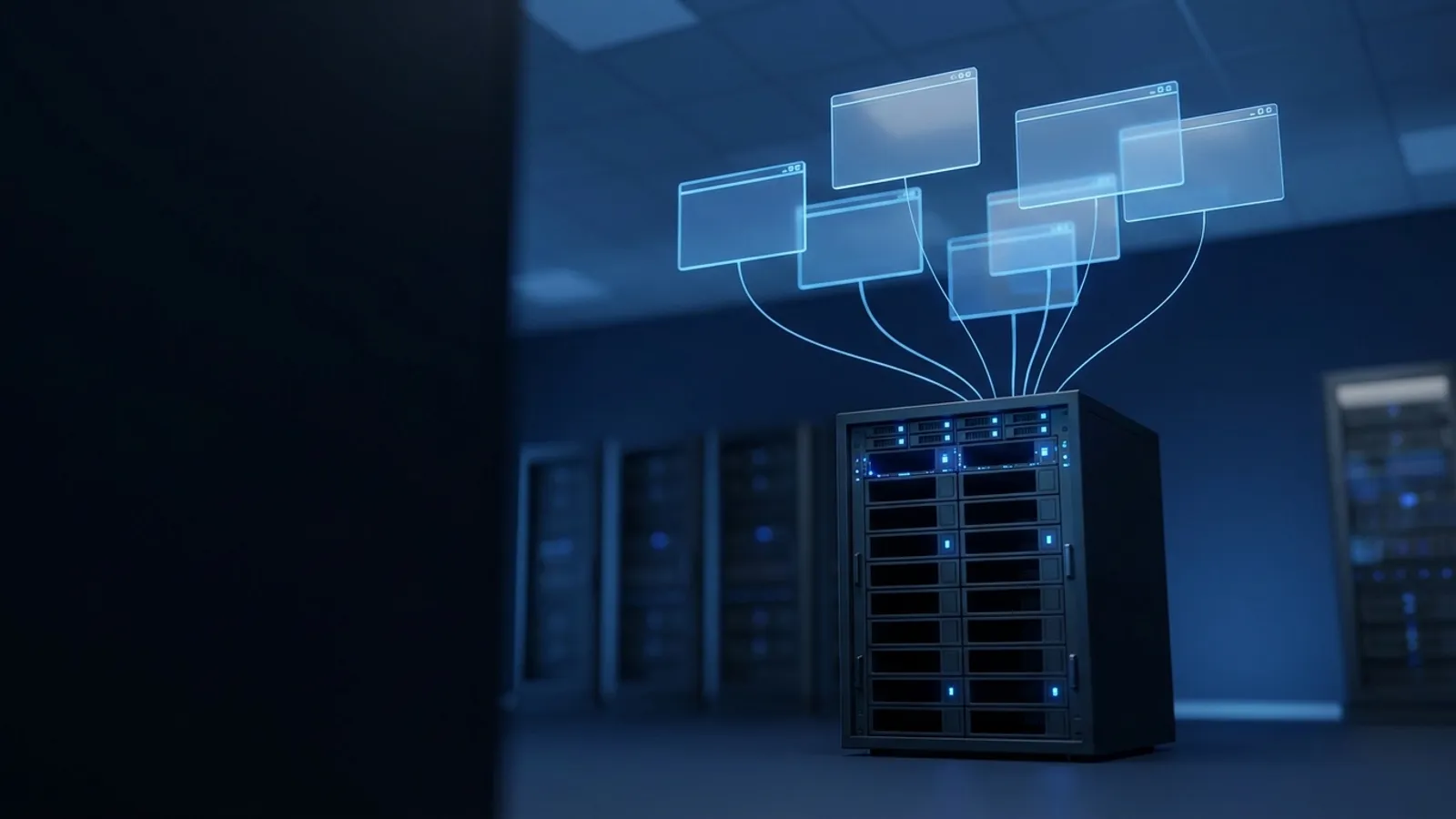 Server-Rack im Rechenzentrum, aus dem leuchtende Bildschirmfenster aufsteigen, verbunden über feine blaue Lichtlinien