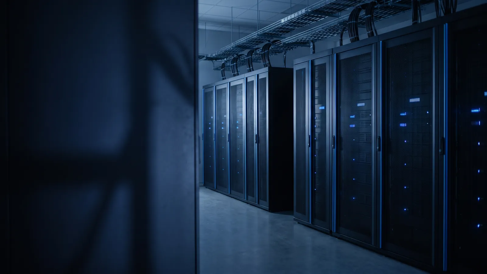 Gang in einem Rechenzentrum zwischen geschlossenen Server-Racks mit blauen Statusleuchten und Kabeltrassen an der Decke